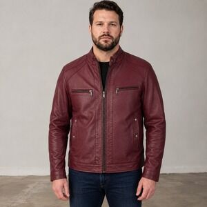 American Breed XL Burgundy Leather Moto Jacket Faux Fur Lined Men's